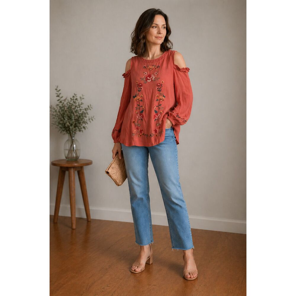 Umgee USA Embroidered Cold Shoulder Boho Blouse Coral Floral Medium